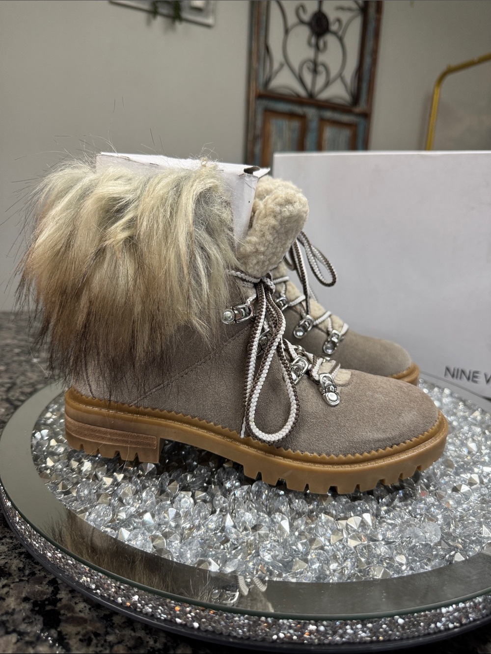 Nine West leather Taupe Faux Fur Combat Boots NEW 5